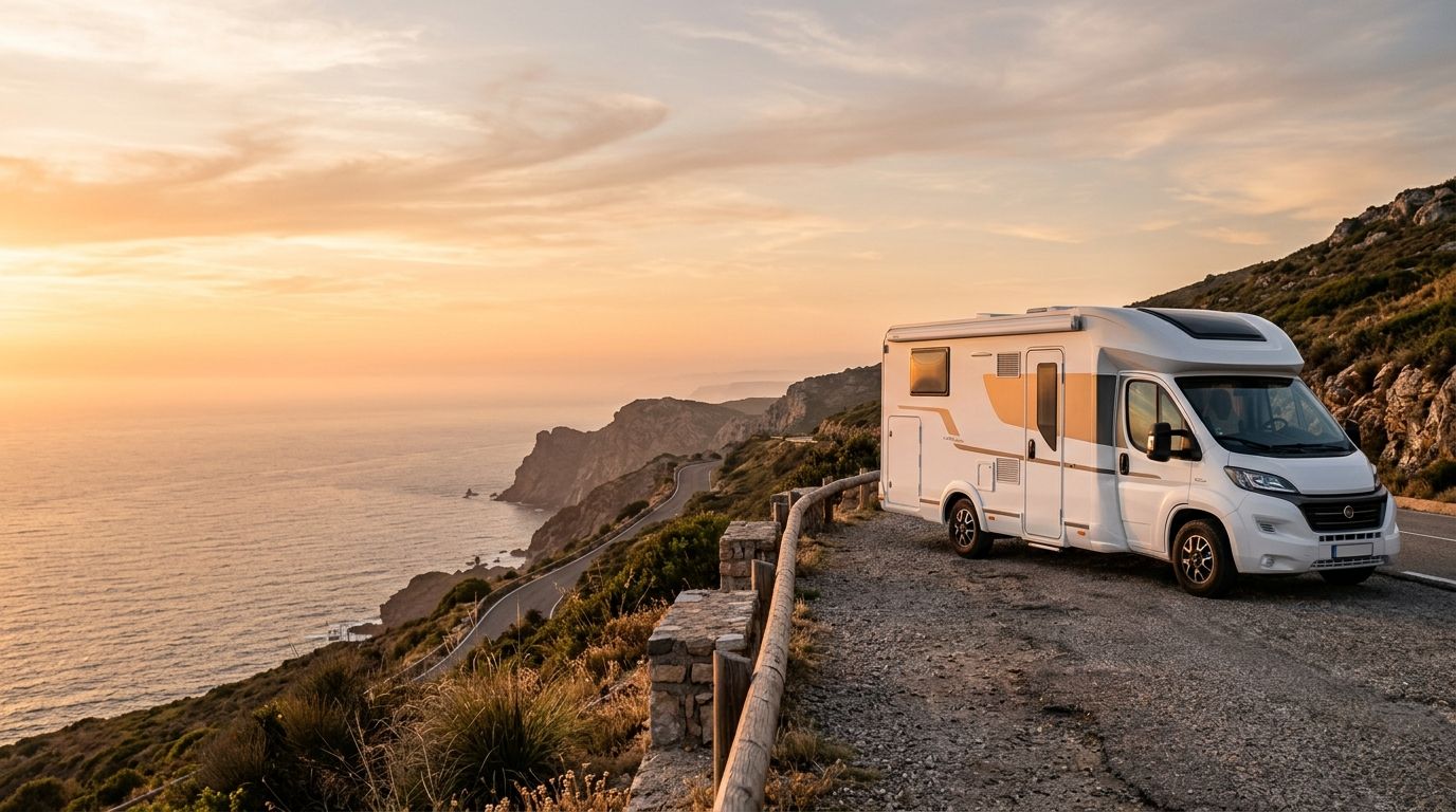 Teilintegriertes Wohnmobil auf einer Bergstraße bei Sonnenuntergang