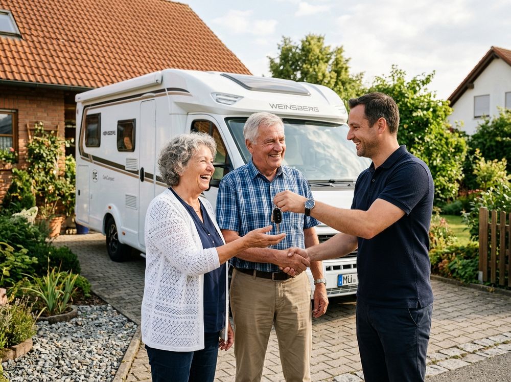 Übergabe der Schlüssel: Ehepaar verkauft sein Wohnmobil an einen Ankäufer